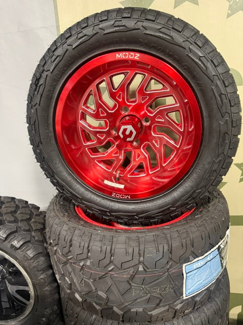 MODZ BRUSHED RED BALL MILL CARNAGE 14" wheels w/ 23" XCOMP STEEL BELTED ALL TERRAIN TIRES (SET OF 4)