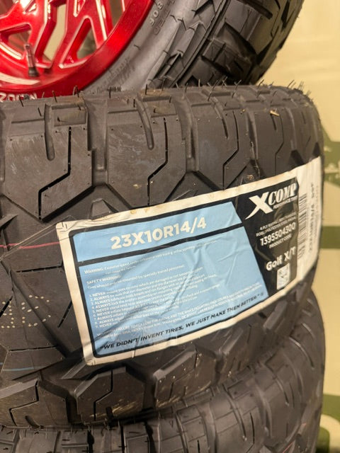 MODZ BRUSHED RED BALL MILL CARNAGE 14" wheels w/ 23" XCOMP STEEL BELTED ALL TERRAIN TIRES (SET OF 4)