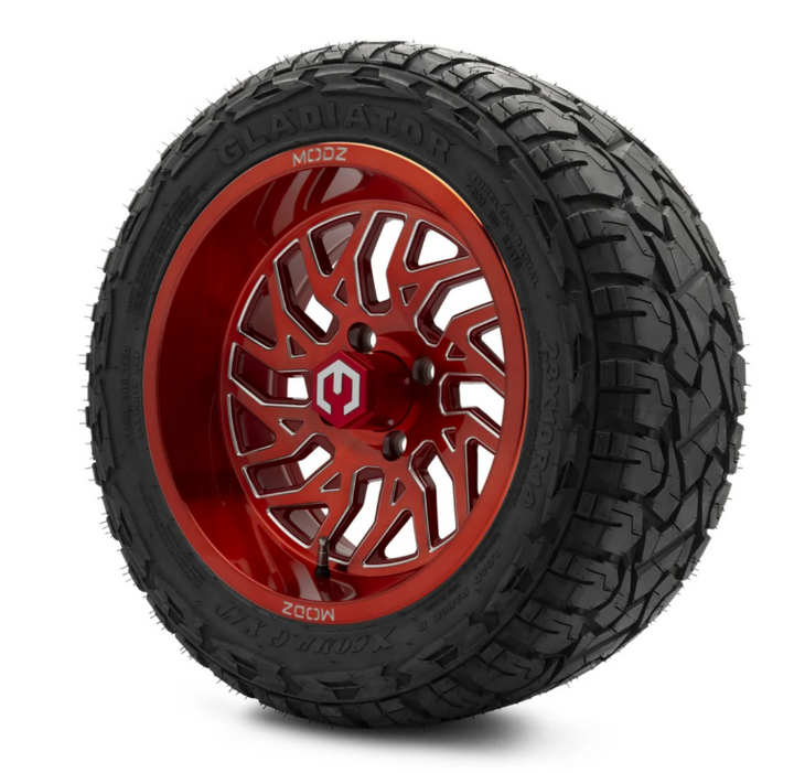 MODZ BRUSHED RED BALL MILL CARNAGE 14" wheels w/ 23" XCOMP STEEL BELTED ALL TERRAIN TIRES (SET OF 4)